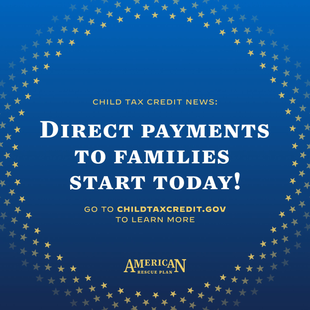 Ein Plakat mit dem Text "Direkte Zahlungen an Familien beginnen heute" umgeben von Sternen.