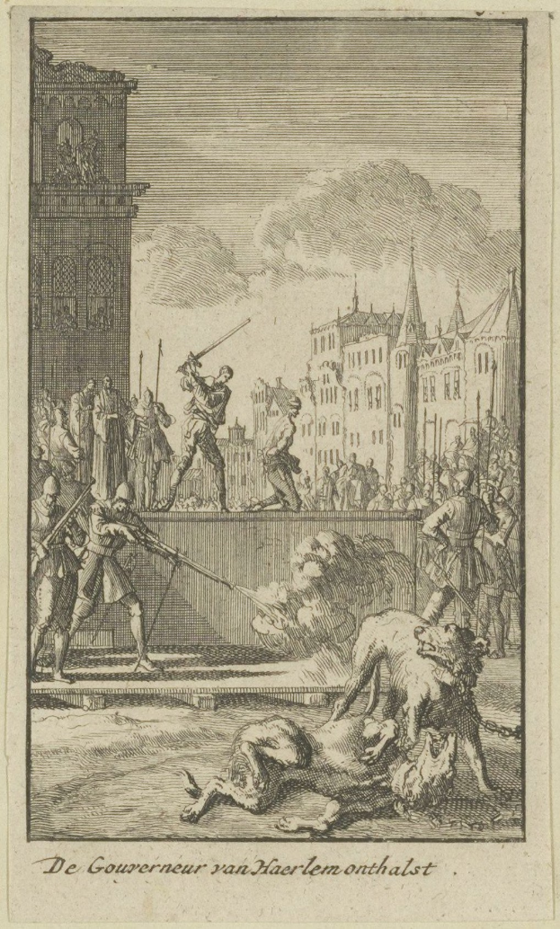 Eine Zeichnung zeigt einen Mann, der von einem Hund angegriffen wird, während eine Menge mit Waffen zusieht, mit Gebäuden und Himmel im Hintergrund und Text unten.