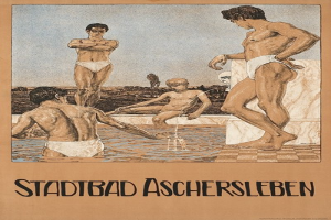 Plakat, das ein Schwimmbad in Aschersleben, Deutschland, zeigt, auf dem Menschen im Wasser zu sehen sind und Text, der Details über das Schwimmbad und die Annehmlichkeiten bereitstellt.