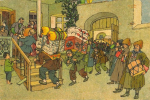 Eine Gruppe von Menschen mit Gepäck geht eine Straße entlang auf ein Gebäude mit Treppe und Geländer zu, mit einer Kletterpflanze im Hintergrund und Text 'Die Rückkehr der Toten' unten.