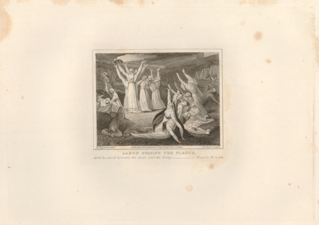 Schwarz-weißes Kupferstich 'Aaron Staying the Plague' zeigt verstörte Menschen auf einem Feld unter einer untergehenden Sonne.