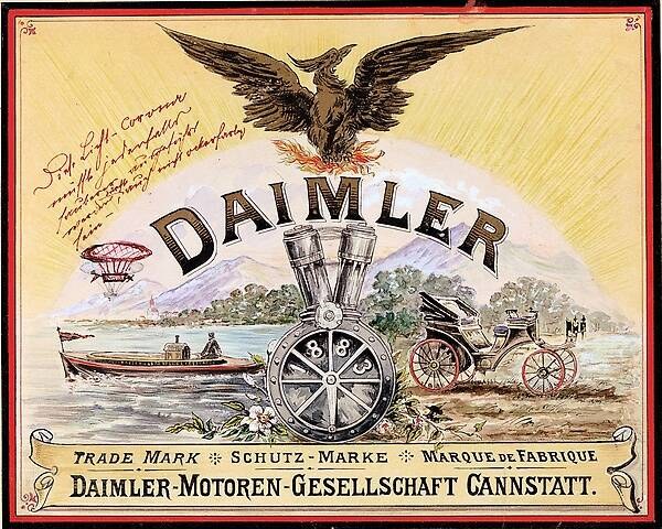 Plakat mit einem von Pferden gezogenen Wagen, einem Boot auf dem Wasser, Bäumen, Bergen, einem Adler und dem Text "Daimler Motor-Motoren-Gesellschaft Cannstatt".