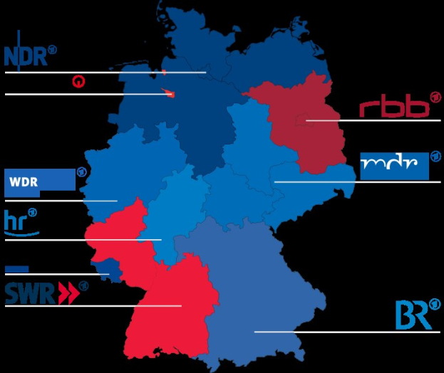 Karte von Deutschland mit Bundesländern in rot und blau markiert, um die Ergebnisse der Wahl von 2016 anzuzeigen, einschließlich der Namen der Kandidaten und des Wahltermins.