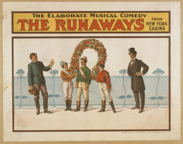 Plakat für "Elaborate Musical Comedy Runaways" aus dem New Yorker Casino, das eine Gruppe von Menschen in einer Reihe zeigt, wobei einer einen Blumenstrauß hält, und Werbetext.