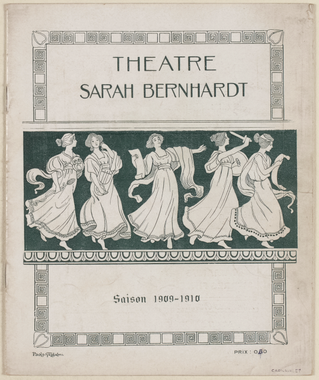 Ein Vintage-Plakat des Theaters Sarah Bernhardt von 1909-1910, das eine Gruppe von Frauen in der Mitte zeigt und Text, der das Theater und seine Darsteller beschreibt.