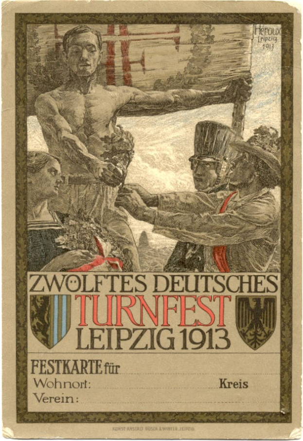Plakat für das Zwölfte Deutsche Turnfest Leipzig 1913, das eine Gruppe von Menschen in der Mitte zeigt und Text mit Veranstaltungseinzelheiten.