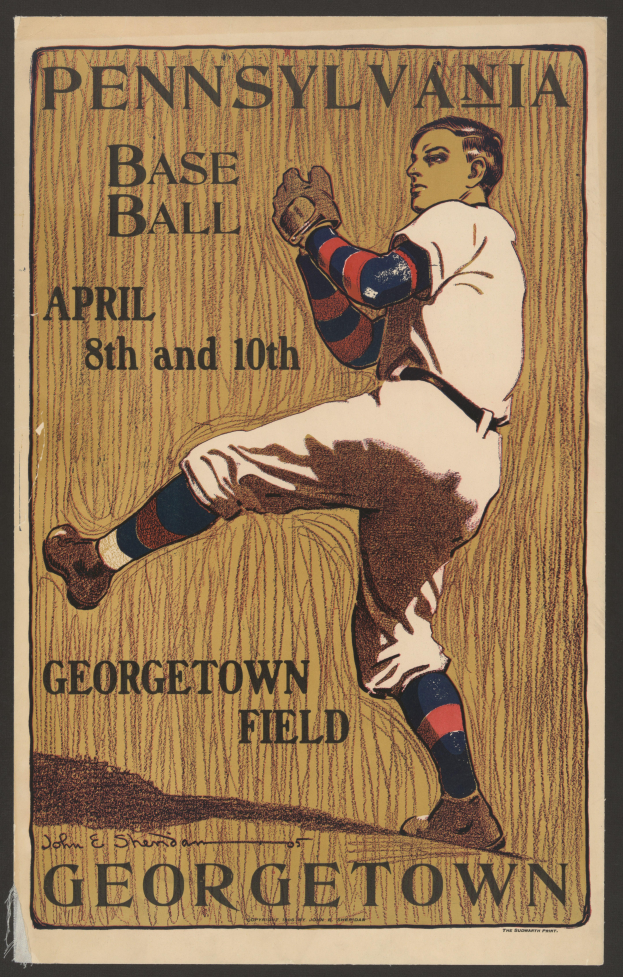 Eine Person in einem Sportdress mit entschlossener Miene, mit dem Text "Pennsylvania Baseball am 8. und 10. April, Georgetown Field" oben drauf.