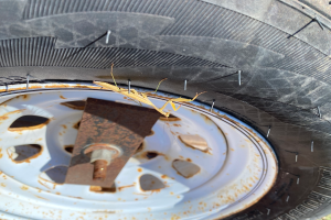 Ein Detailbild eines verrosteten Reifens umgeben von Gras.