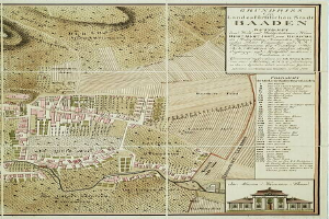 Ein detaillierter alter Stadtplan von Baden-Württemberg, Deutschland, der Straßen, Gebäude und Sehenswürdigkeiten zeigt, mit einem Gebäude in der rechten unteren Ecke und Text, der Stadtinformationen bereitstellt.