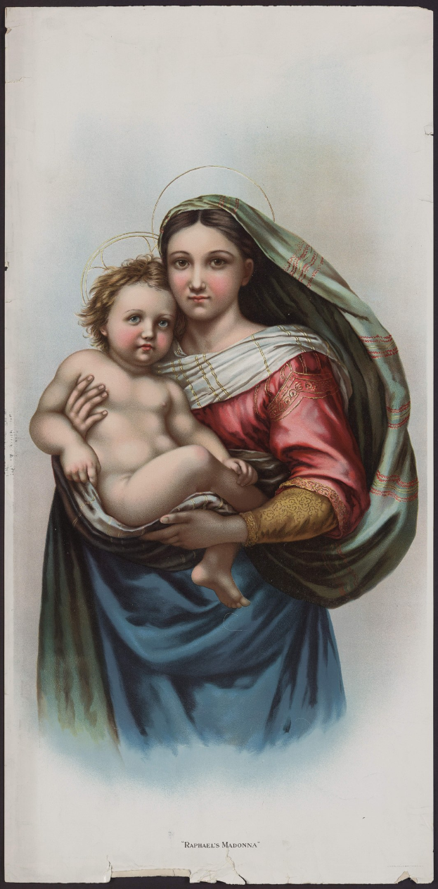 Eine Frau in einem roten und blauen Kleid wiegt ein Baby, ihre Augen sind geschlossen und ihre Lippen leicht geöffnet, mit ihrem Haar zurückgebunden.