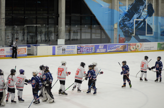 Gruppe junger Menschen beim Eishockey auf einer Indoor-Eisfläche, die Helme tragen und Stöcke halten, mit einer Person links und Bannern, Säulen und Glaswänden im Hintergrund.