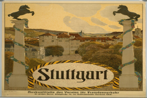 Ein Plakat, das Stuttgart, Deutschland bewirbt und zwei Pferde zeigt, die auf zwei Säulen stehen und von Gebäuden, Bäumen und Himmel umgeben sind, mit Text darauf.