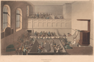 Eine Zeichnung eines Gerichtssaals mit sitzenden und stehenden Menschen, einem Podium mit Mikrofon auf der rechten Seite, Fenstern auf der linken Seite und Text unten.