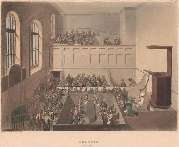 Eine Zeichnung eines Gerichtssaals mit sitzenden und stehenden Menschen, einem Podium mit Mikrofon auf der rechten Seite, Fenstern auf der linken Seite und Text unten.