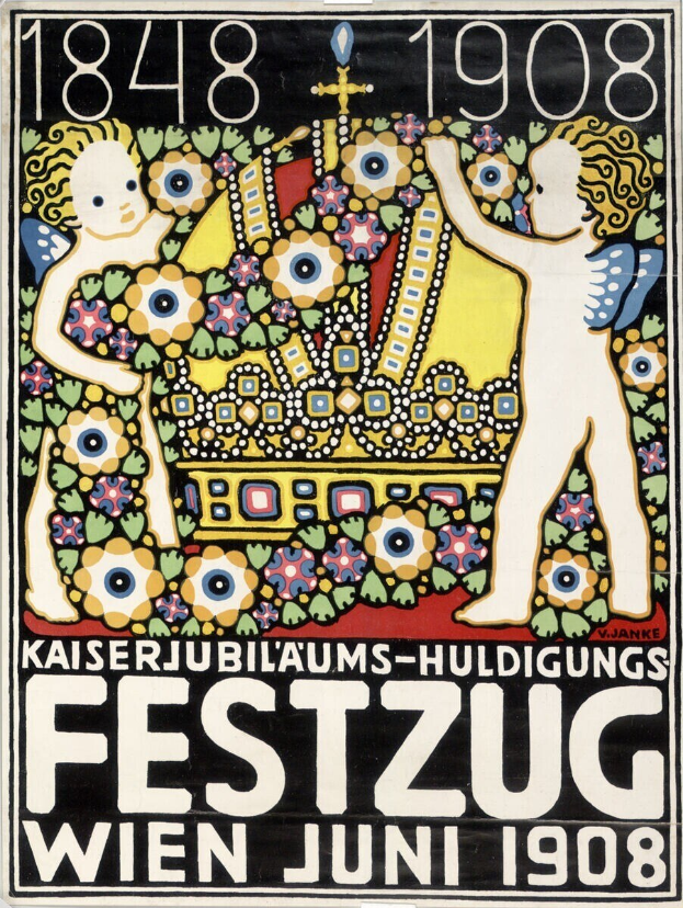 Plakat für ein Wiener Festival mit einem Gemälde von zwei Kindern, die nebeneinander stehen und ihre Arme umeinander legen.