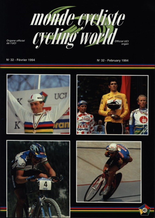 Ein Plakat der Zeitschrift Monde Cycliste Cycling World vom Februar 1994, das vier Fahrradfahrer mit Helmen zeigt, die auf Fahrrädern fahren, mit dem Zeitschriftennamen über dem Bild.