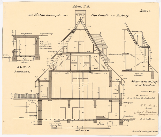 Ein detailliertes Bild des ersten Hauses in Deutschland, das ein Haus mit zahlreichen Fenstern und einem Dach zeigt, begleitet von umfassenden Plänen und Texten, die seine Struktur beschreiben.