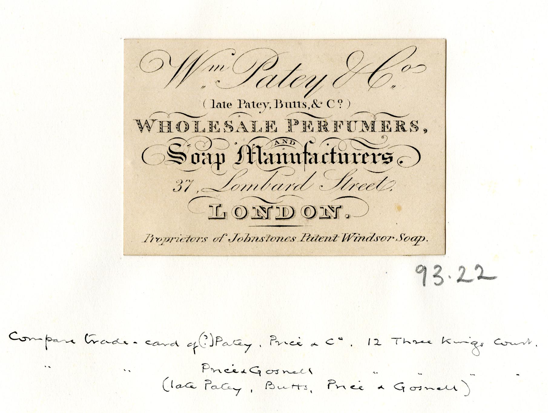 Eine alte Visitenkarte mit einem Schwarz-Weiß-Bild eines Mannes und dem Text "W.M. Paley & Co. Großhandelsparfümerie, Seifenfabrikanten, London".