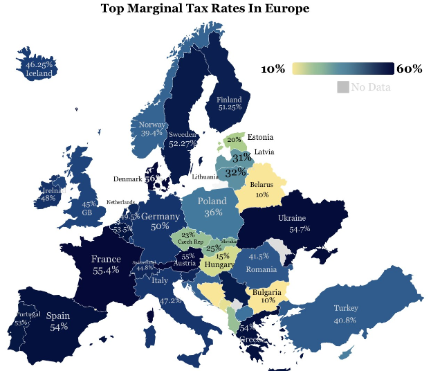 Eine Europakarte mit Farben, die die Höchststeuersätze pro Land anzeigen, und dem Titel "Höchststeuersätze in Europa" oben.