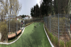 Minigolf-Platz mit einem Zaun, umgeben von Bäumen, Pflanzen, einer Bank, Gebäuden im Hintergrund und einem klaren blauen Himmel.