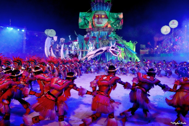 Eine Gruppe von Menschen in bunten Kostümen tanzt auf einer Bühne vor einem sitzenden Publikum, mit Lichtern, Pfählen, Ballons und einem Bildschirm, der eine Person im Hintergrund zeigt, unter einem sichtbaren Himmel, bei der Rio-Karneval 2014.