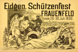 Ein Vintage-Plakat bewirbt das Eidgen Schützenfest in Frauenfeld, Deutschland, mit einem Mann in einem Anzug und einer Frau in einem Kleid nebeneinanderstehend und Ereignisinformationen darauf.