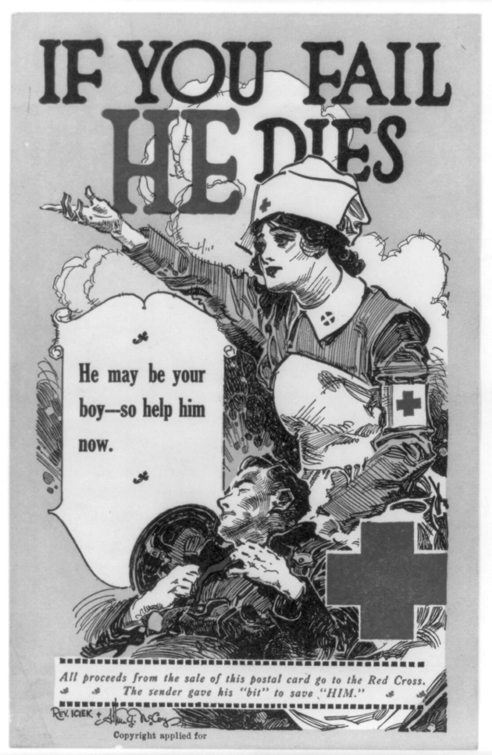 Schwarzes und weißes Plakat mit einer entschlossenen Frau und einem besorgten Mann mit Text, der Unterstützung für einen Jungen in Gefahr fordert.