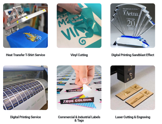 Ein Collage aus sechs Bildern mit einer Hand, die ein Stück Papier in der Mitte hält, einem Drucker auf der linken Seite, verschiedenen Gegenständen auf der rechten Seite und einer Maschine mit Text unten, was auf einen digitalen Druckservice hindeutet.