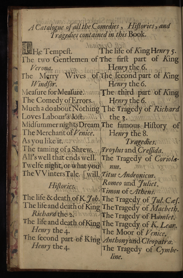 Ein aufgeschlagenes Buch mit schwarzem Hintergrund und verziertem Rand, das eine Liste von Komödien, Historienschauplätzen und Tragödien in sauberer Kursivschrift anzeigt.