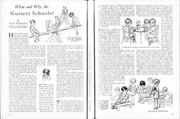 Offenes Buch mit einer Zeichnung von Kindern, die in einem Kindergarten spielen, mit Text, Bildern und einer Tabelle mit Gegenständen.