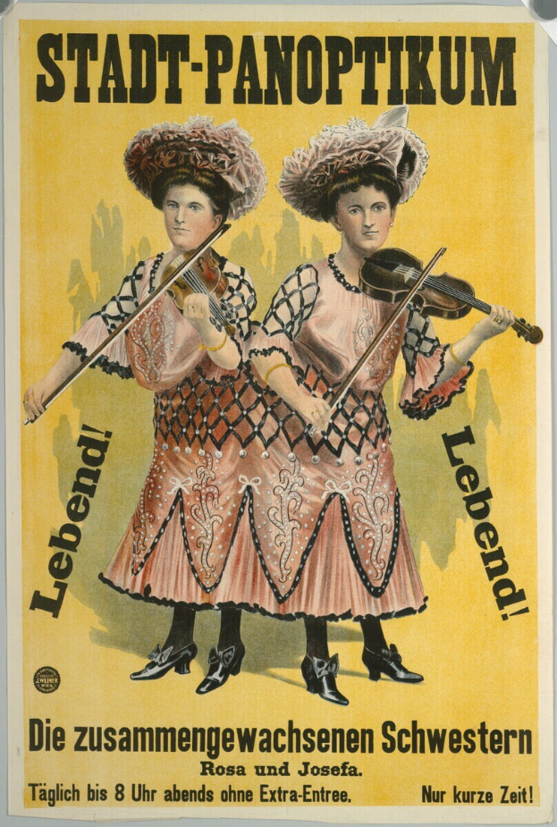 Ein altes deutsches Propagandaplakat mit zwei Frauen, die Geigen spielen, mit Text, der wahrscheinlich Informationen über die Frauen enthält.