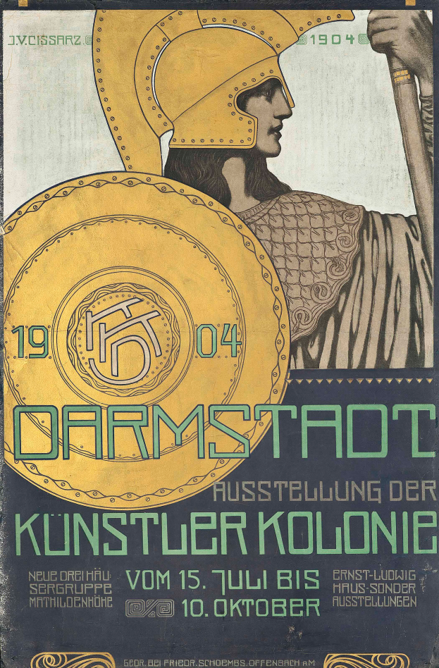 Plakatankündigung eines Konzerts in Berlin, Deutschland, 1904, mit einer Person in einem Helm, die ein Schild hält, und 'Darmstadt' und 'Künstlerkolonie' in fetter Schrift.