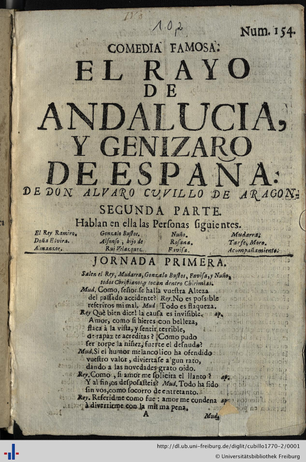 Ein aufgeschlagenes Buch mit dem Titel "El Rayo de Andalucia y Genizar de España" in fetter, schwarzer Schrift auf einem leicht gelblichen Papier.