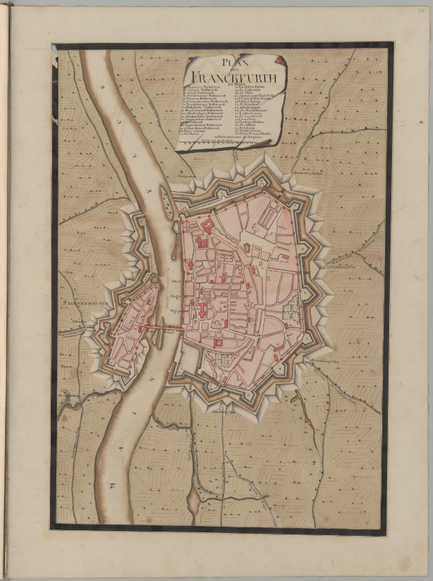Altes Buch mit detaillierter historischer Karte von Frankfurt, Deutschland, mit sichtbaren Straßen, Gebäuden und Sehenswürdigkeiten, begleitet von beschreibendem Text.