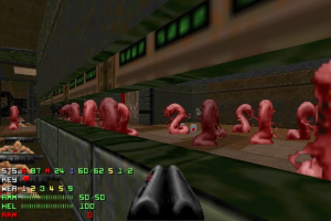 Screenshot von *Doom II*, das mehrere animierte Zombies in einem Raum zeigt, eine Waffe unten und Spielstatistiken links.