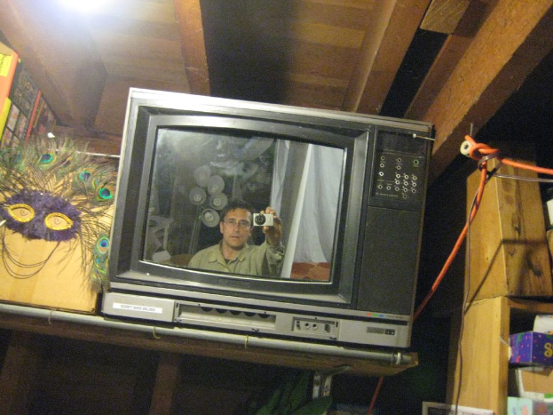 Ein Fernsehbildschirm zeigt eine Person, die von Pfauenfedern, Büchern und Kartons umgeben ist.