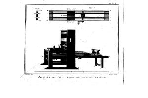 Eine Schwarz-Weiß-Zeichnung eines Raums mit einem Tisch und einem Stuhl, mit dem Text "Druckmaschinenpatent" unten.