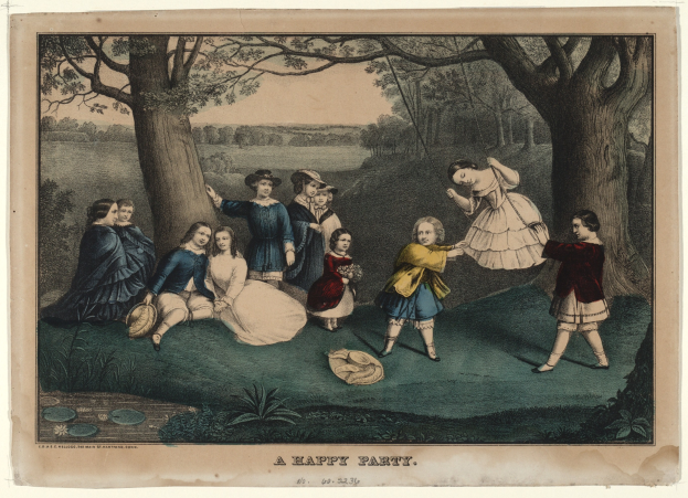 Gruppe von Kindern, die in einem Park mit Bäumen, Pflanzen und Gras spielen; einige sitzen, andere stehen; "Ein fröhliches Fest" Text unten.