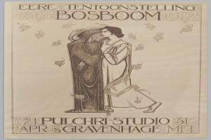 Ein Konzertplakat, das einen Mann in einem Anzug und eine Frau in einer Schürze zeigt, die nebeneinander stehen und beide ernst schauen.