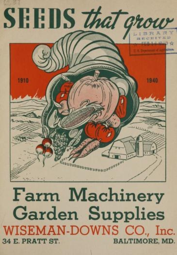 Plakat von Wiseman-Downs Co., Inc. (1910-1940) zur Werbung für Landmaschinen, Gartenzubehör und Samen.