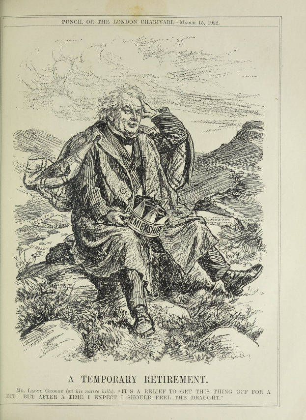 Ein altes Buch mit einer Zeichnung eines ernsten Mannes in einem langen Mantel und Hut, der darauf sitzt, mit dem Text "Eine vorläufige Rentenbeendigung" auf dem Cover.