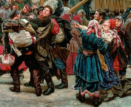 Gemälde, das eine Gruppe von Menschen zeigt, die vor einer Menge tanzen, während der russischen Revolution, gekleidet in traditioneller Kleidung mit einigen, die Gegenstände halten, vor einem Hintergrund aus Holzhaus.