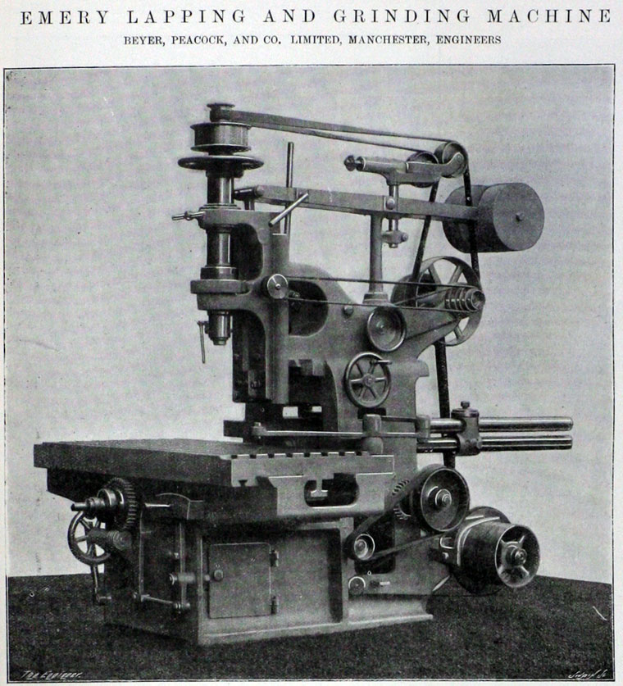 Eine große, rechteckige Emery-Schleif- und Lappiermaschine mit einem schwarzen und weißen Farbschema, die eine Steuerungstafel mit Knöpfen und Drehreglern und ein großes Rad an der Vorderseite aufweist, mit der Aufschrift "Emery-Schleif- und Lappiermaschine" oben.