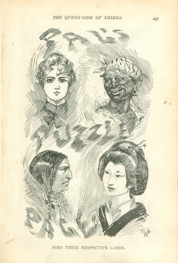 Ein altes Buchcover mit einer Zeichnung von vier Frauenköpfen und dem Text "The Queer Side of Things".