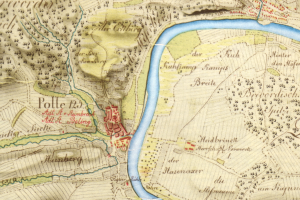 Ein alter Stadtplan von Polle, Deutschland, der Straßen, Gebäude und einen Fluss zeigt