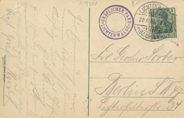 Alte Postkarte mit einer Briefmarke, die "Lichtenwald, Deutschland - Einschreiben nach Deutschland" lautet, mit handschriftlichem Text und zwei zusätzlichen Briefmarken in der oberen rechten Ecke.