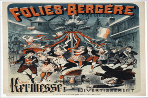 Plakat für das Folies Bergère-Festival in Paris, das Tänzerinnen im Vordergrund und Gebäude, Bäume und Flaggen im Hintergrund zeigt.