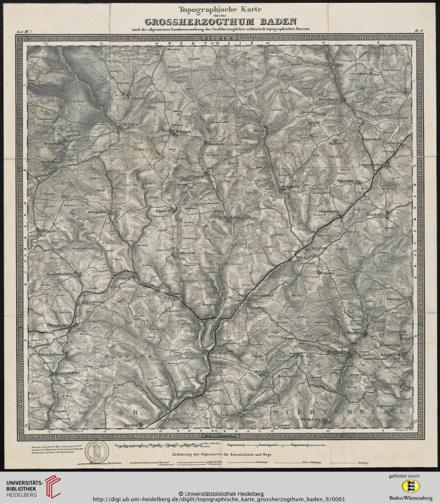 Ein gerahmter topografischer Plan von Baden-Württemberg, Deutschland, der Geländeformen, Höhenmeter und geografische Merkmale zeigt, mit Text oben und unten.