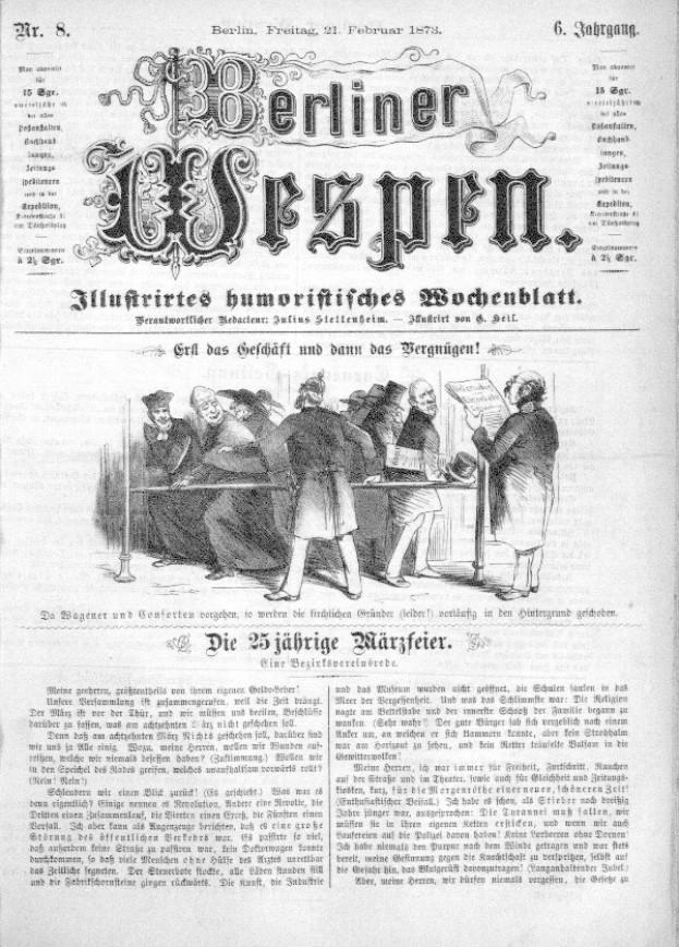 Alte deutsche Zeitung "Berliner Wespen" vom 21. Februar 1873 mit einer Gruppe von Menschen in traditioneller deutscher Kleidung, die sich unterhalten, mit deutscher Text, der das Ereignis beschreibt.