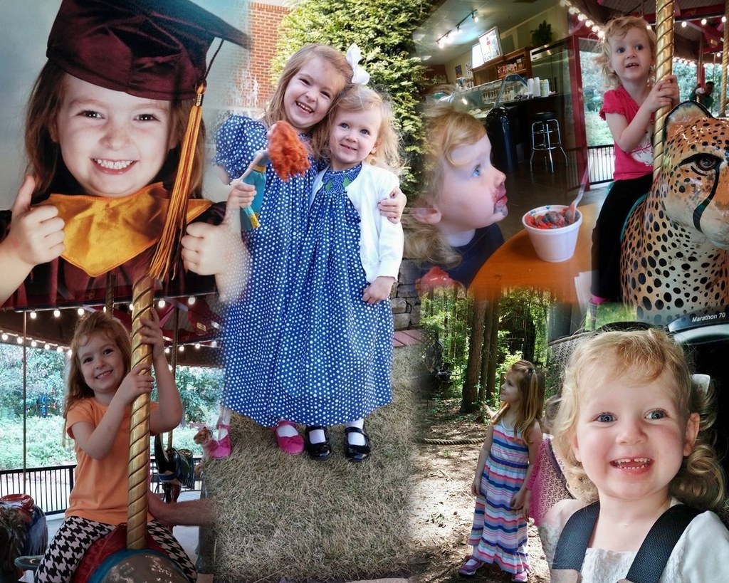 Collage mit lustigen Fahrgeschäften, Kindern an einem Tisch mit Essen, Tassen, Löffeln, verschiedenen Gegenständen, Lichtern, einer Wand, Büschen, Bäumen, Gras, einem Seil und einem Hut.